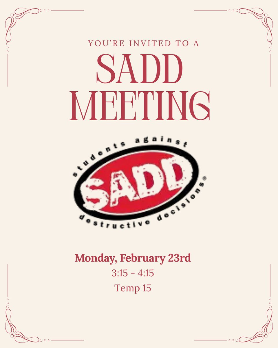 AgainstSADD's tweet photo. Hey Raiders! If there is school on Monday, SADD will be having another meeting. We will finish presentations on Black History Month and start presenting on Teen Dating Violence Awarenesses, Anti-Bullying, and Eating Disorders. We'll also start preparing for Women's History Month. https://t.co/yoQwb26jIu