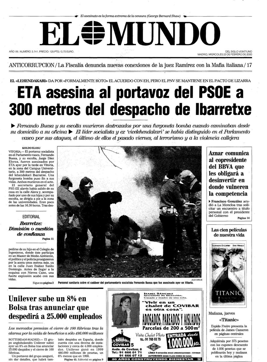1. Fernando se acaba de despedir tres minutos antes de su hijo, iban juntos hasta que llegaron al Colegio de Ingenieros donde éste se quedó. Jorge era su único escolta. Porque sí, en esos momentos tan duros de ETA, Fernando sólo llevaba un escolta, Jorge...