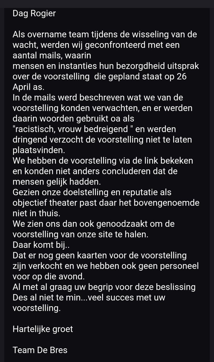 En alweer een theater valt. De Bres, in Leeuwarden. Show stond voor 26 april en er waren 64 kaarten verkocht (ook al zeggen ze dat dat niet zo is, ik beheer de tickets namelijk zelf). Dit is de mail.