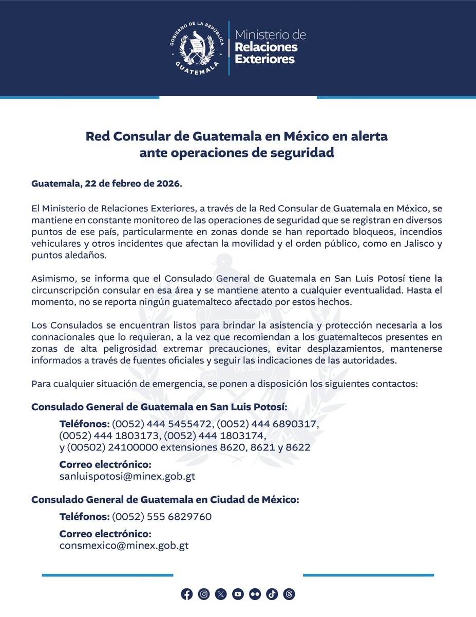 Red Consular de Guatemala en México en alerta ante operaciones de seguridad.

#Comunicado 🔗 prensa.gob.gt/comunicado/red…