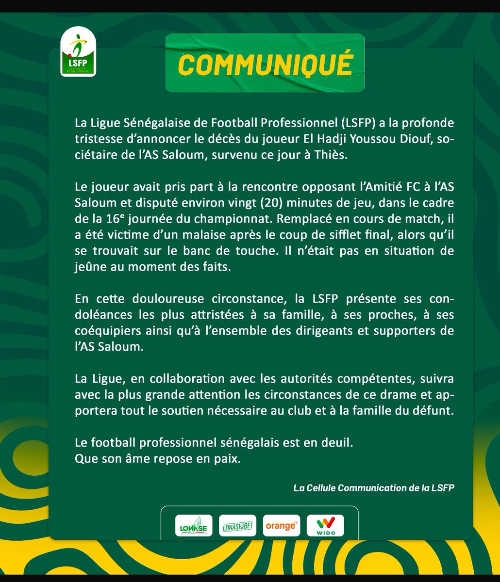 totalsport221's tweet image. Communiqué de la #Lsfp suite au décés de Elhadji youssou Diouf
