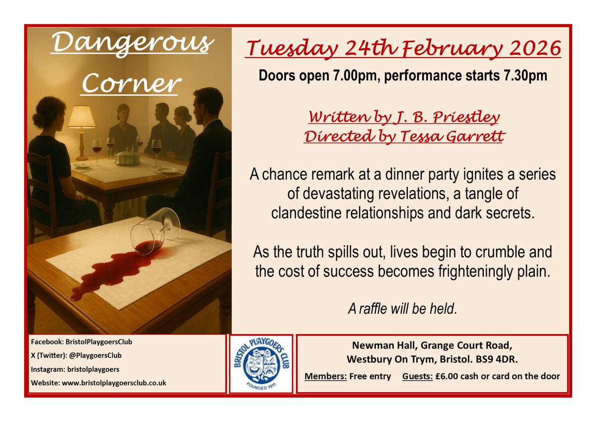 PlaygoersClub's tweet photo. THIS WEEK: Come and see our J.B. Priestley play reading 'Dangerous Corner'! https://t.co/wlKiE56DMS