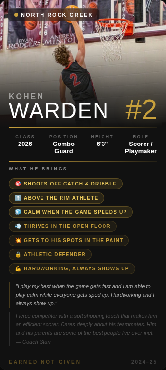 CoachChrisStarr's tweet photo. Kohen Warden | 6'3" CG | North Rock Creek @W_Kohen08
Above-the-rim athlete who shoots off the catch and dribble. Stays calm when the game speeds up while everyone else gets rattled. Fierce competitor with a soft touch. #Unsigned2026 https://t.co/ozw8YxhwPy