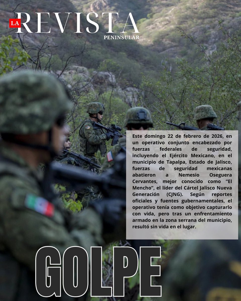 Abaten a “El Mencho” en operativo en Tapalpa, Jalisco 

Fuerzas federales habrían abatido a Nemesio Oseguera Cervantes, alias El Mencho, en un operativo realizado en Tapalpa, Jalisco.

larevista.com.mx/abaten-a-el-me…

#LaRevista #Seguridad #Jalisco #ElMencho #OperativoFederal #ÚltimaHora