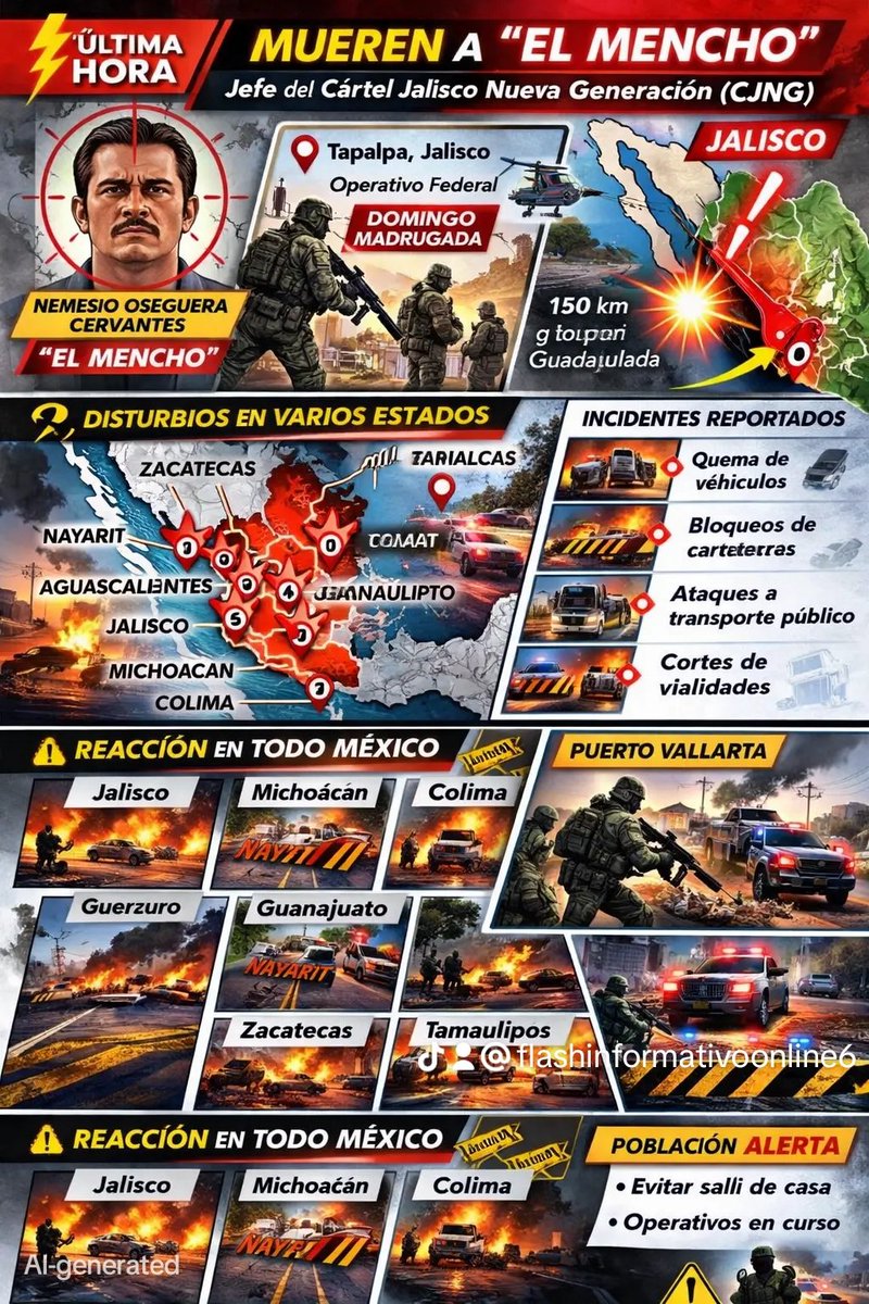 LuisCol74's tweet photo. CIUDAD DE MÉXICO- Efectivos federales mexicanos mataron este domingo a Nemesio Oseguera Cervantes, alias ‘El Mencho’, considerado el jefe del Cártel Jalisco Nueva Generación (CJNG), lo que desencadenó ya bloqueos de carreteras e incidentes en varios estados de México. https://t.co/vGe8VXJCir