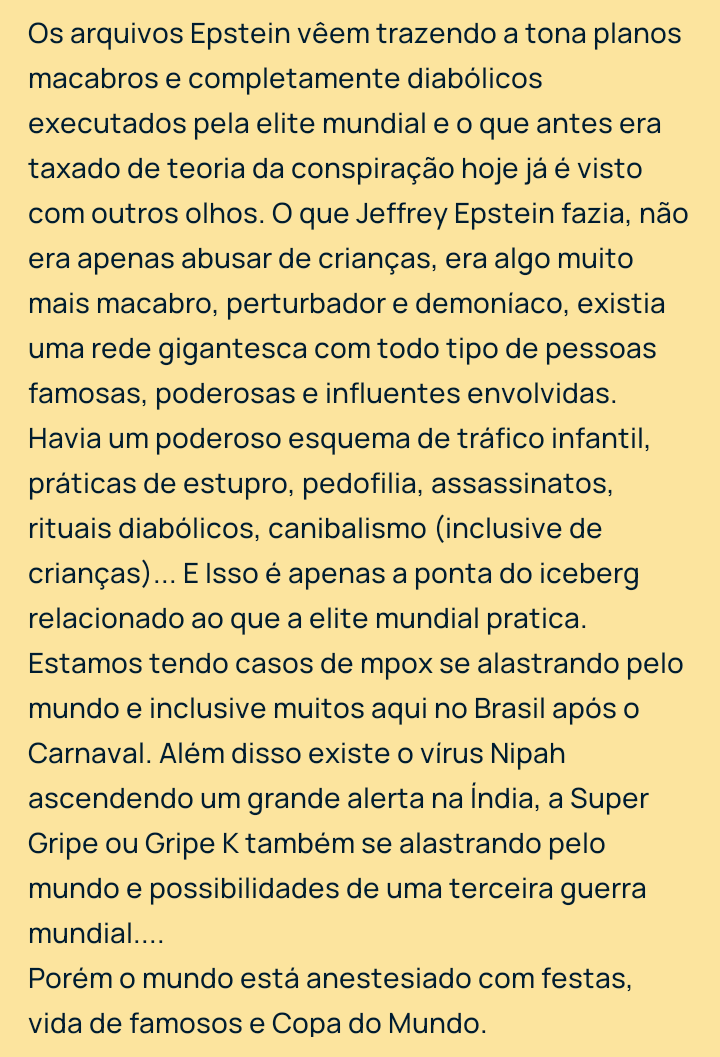 O fim dos tempos nunca esteve tão próximo. E a elite mundial satânica sabe disso, por este exato motivo tanta coisa vêem acontecendo com esse ritmo tão grande. Mas o povo está anestesiado com o pão e circo 🥖🎪