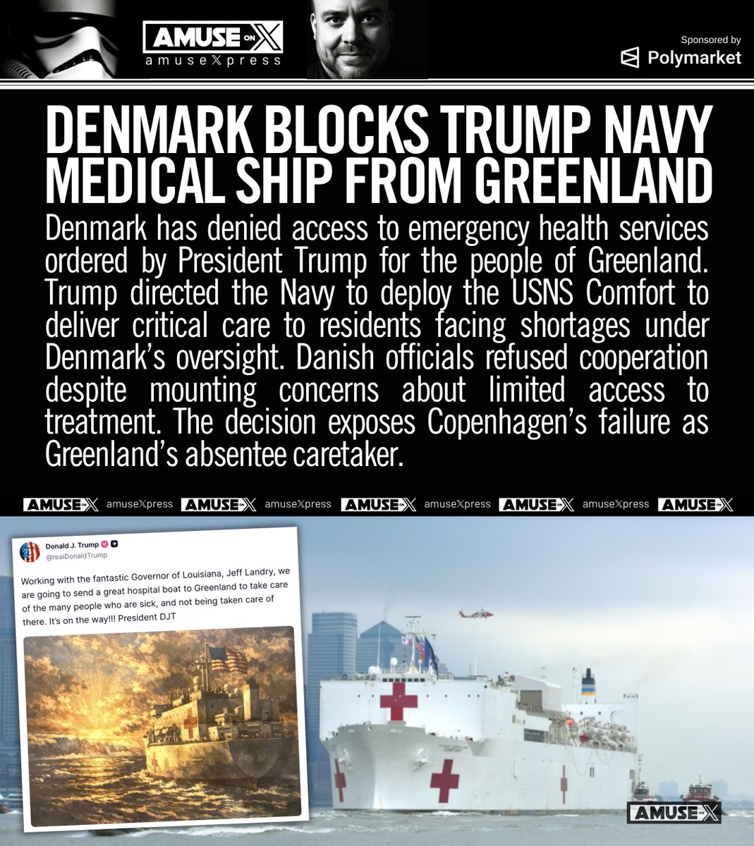 OPERATION GREENLAND: Denmark blocked President Trump’s order to deploy the USNS Comfort to Greenland for emergency care. While residents face medical shortages, Copenhagen refused US Navy assistance. Greenland is realizing their absentee caretaker is more worried about optics