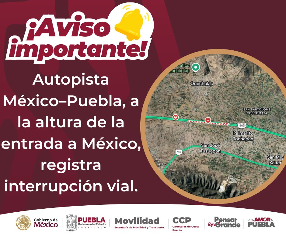 🚨 Se registra interrupción vial en la autopista México–Puebla, a la altura de la entrada a México.
Se recomienda a los automovilistas extremar precauciones, atender las indicaciones viales y considerar rutas alternas.