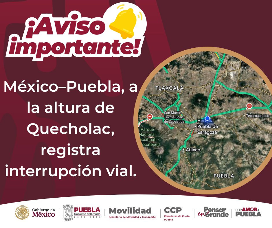 🚨 Se registra interrupción vial en la autopista México–Puebla, a la altura de Quecholac.
Se recomienda a los automovilistas extremar precauciones, atender las indicaciones viales y considerar rutas alternas.