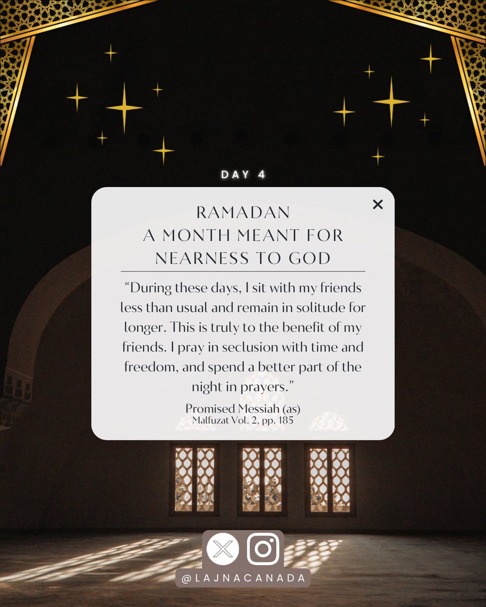 Ramadan is stepping back from the noise to step closer to Allah. 

As the Promised Messiah (as) shared, solitude in these days is a mercy — a time reclaimed for prayer, reflection, and drawing closer to God.

Day 4 // #Ramadan2026 via <a href="/LajnaCanada/">Lajna Ima'illah Canada</a>