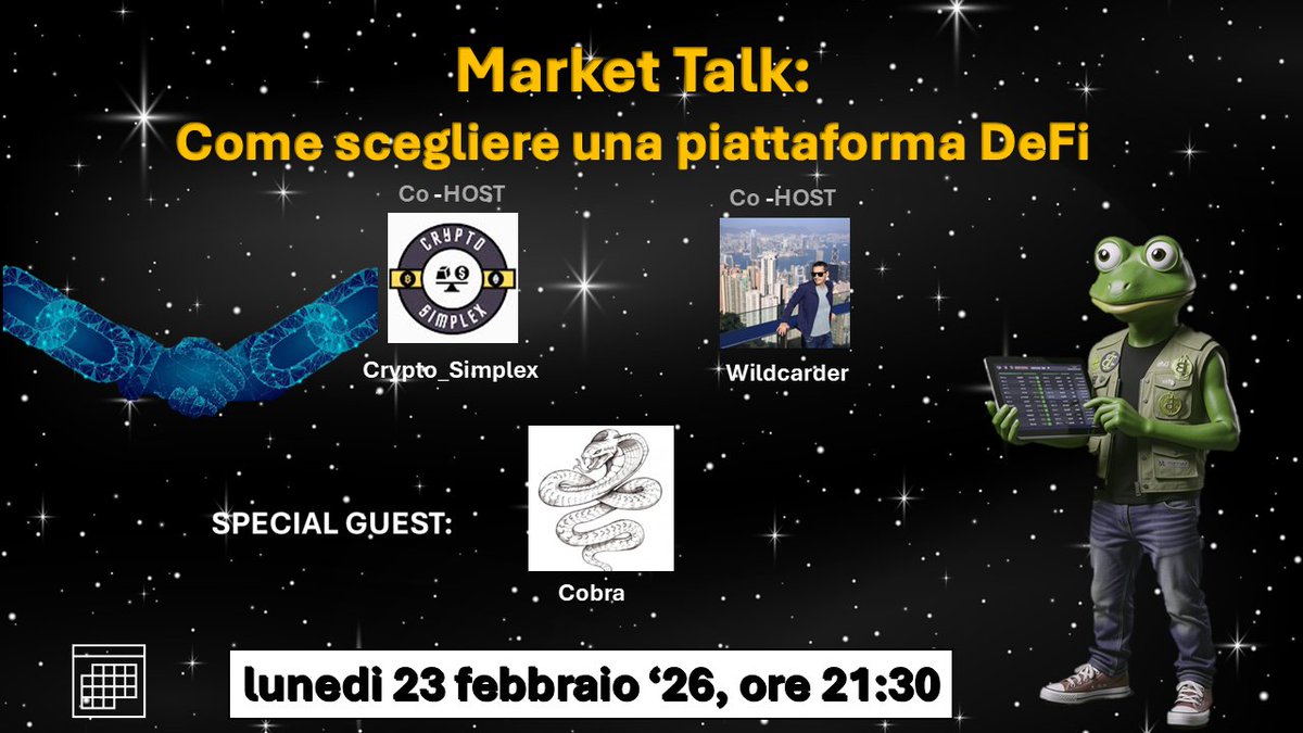 🎙️ MARKET TALK – Speciale DeFi
🎧 Con me e <a href="/thewildcarder/">Wildcarder</a>  come host.

 special guest: <a href="/DexCobra/">cobradex</a> , tra i massimi esperti DeFi 🐍

Se vuoi capire dove mettere capitale (e dove NON metterlo), questo Space è per te.
⏰ [lunedi 23/02/2026 ore 21:30]
🔔  👇