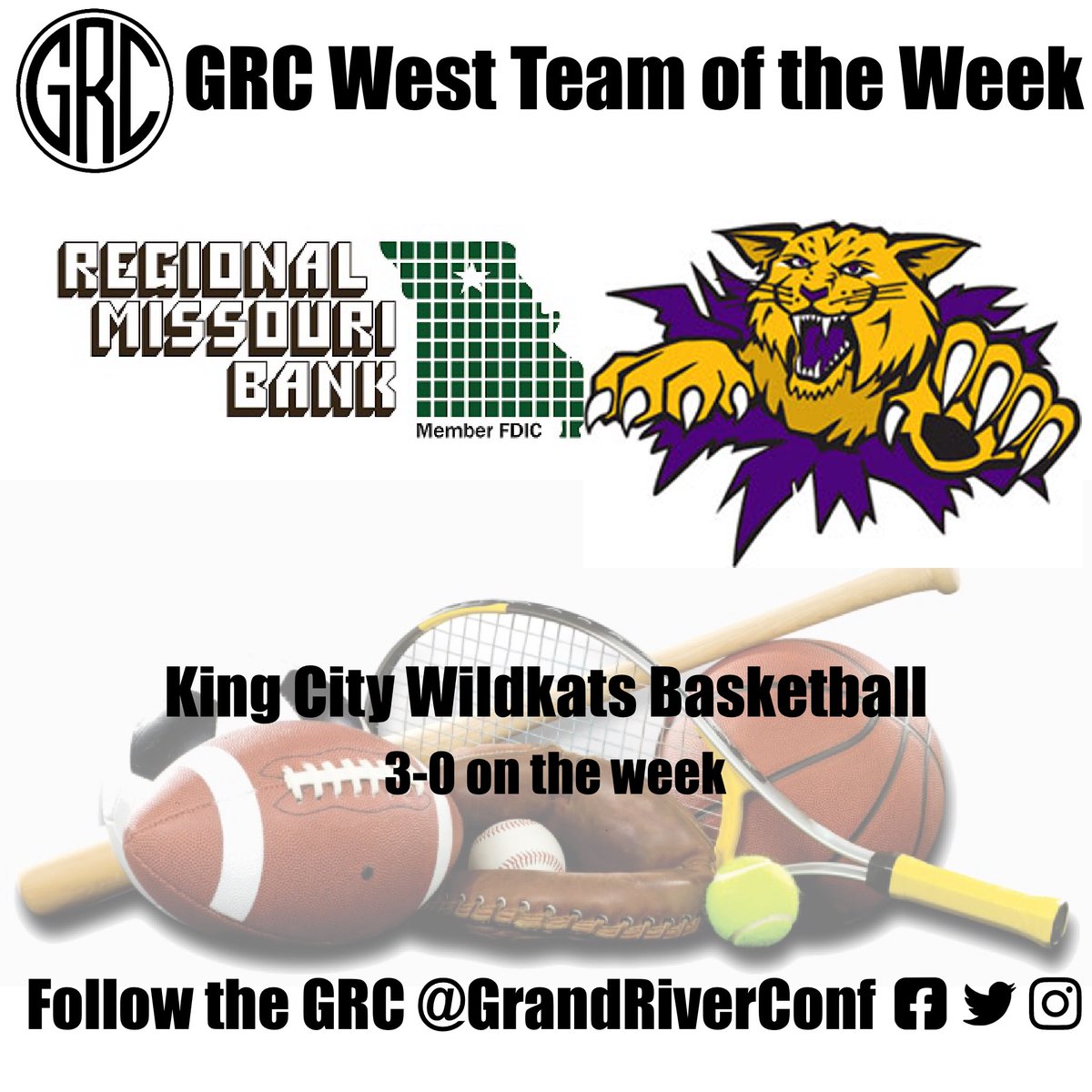 GrandRiverConf's tweet photo. The Regional Missouri Bank GRC West Team of the Week is the King City Wildkats (Boys) Basketball Team. King City went 3-0 on the week including a 76-64 win over Rock Port.  King City finished the season 21-5 giving the Wildkats their first 20-win season since 2010 https://t.co/3uu7R4vhaS