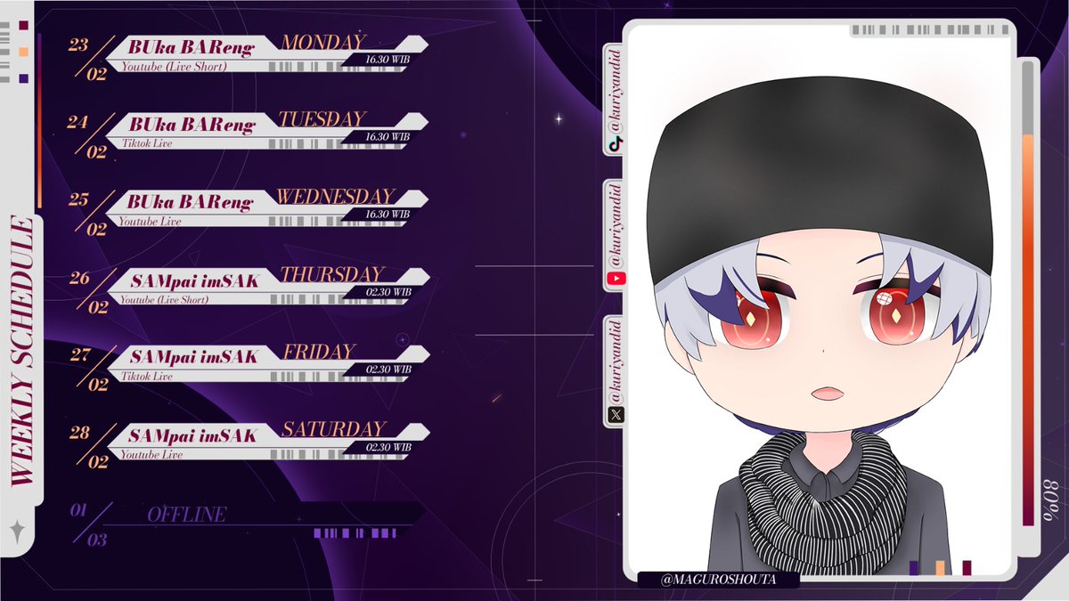 my jadwal minggu ini
General : #KurniawanRiyandi
Live : #KuriOnLive
Fanart : #ArtKuri
Meme : #KuriLawak
Clip : #KuriClip