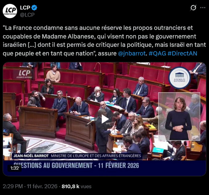 <a href="/jsoufi/">Johann Soufi</a> <a href="/FranceskAlbs/">Francesca Albanese, UN Special Rapporteur oPt</a> 📢Attention, <a href="/jnbarrot/">Jean-Noël Barrot</a> soutient qu'il n'a jamais accusé Francesca Albanese « d'avoir pointé Israël en tant que peuple et en tant que nation »..

S'il a supprimé son tweet, le message sur le site internet est toujours visible ainsi que la vidéo de l'AN.
x.com/SeraphineMorea…