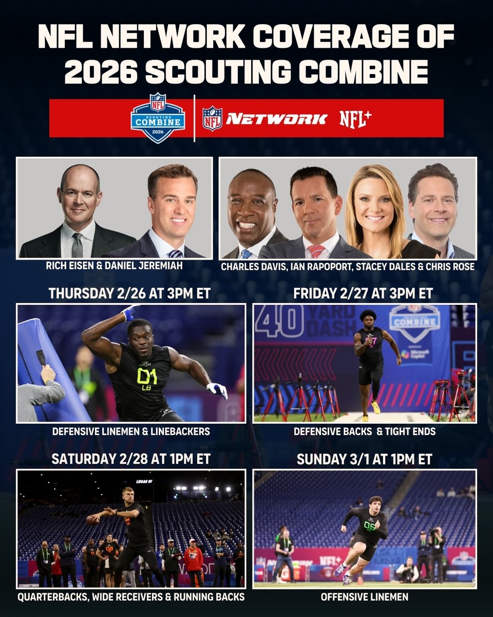 Nearly 40 hours of Combine week coverage on <a href="/nflnetwork/">NFL Network</a> kicks off TOMORROW (Monday) w/ a live edition of The Insiders on-site at the Combine w/ <a href="/RapSheet/">Ian Rapoport</a> <a href="/TomPelissero/">Tom Pelissero</a> <a href="/MikeGarafolo/">Mike Garafolo</a> <a href="/judybattista/">Judy Battista</a>!

Live coverage of 2026 NFL Scouting Combine on-field drills Thursday-Sunday on