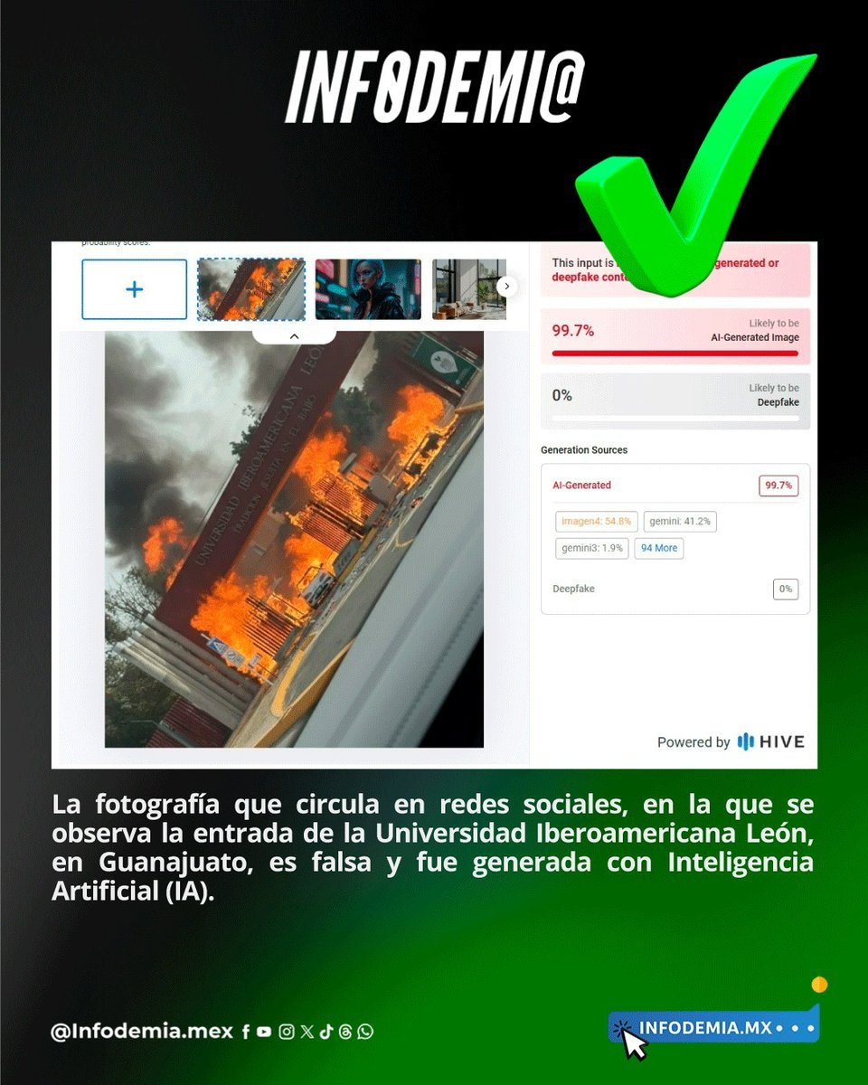 ❌ Falsa fotografía de la Universidad Iberoamericana en León, Guanajuato, en llamas

✅ La fotografía que circula en redes sociales, en la que se observa la entrada de la Universidad Iberoamericana León, en Guanajuato, es falsa y fue generada con Inteligencia Artificial (IA).