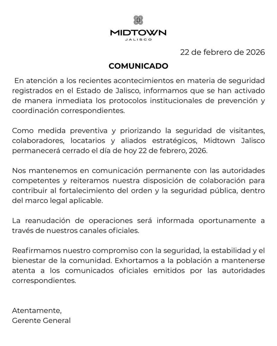 Andares, Galerías, La Perla, Midtown, todos los grandes centros comerciales en Guadalajara confirman que permanecerán cerrados debido a la violencia desatada...

¡Esto nunca había pasado en nuestro México! 😡
