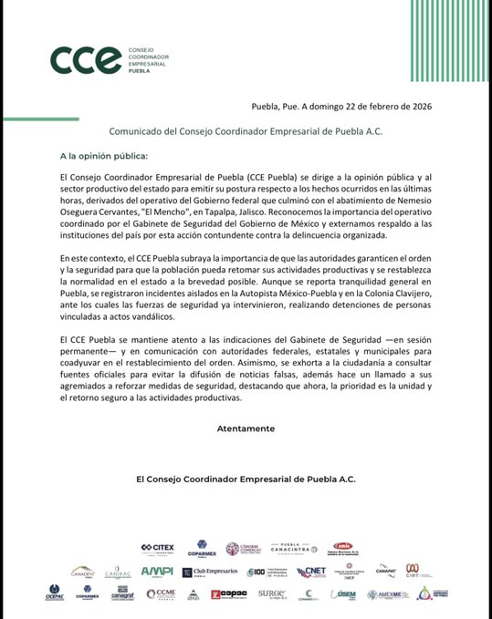 Ultrapuebla's tweet photo. El @CCEPuebla fijó un posicionamiento tras esta jornada de violencia en el país y en Puebla, exigiendo a las autoridades garantizar el orden y la seguridad, para que la población pueda retomar sus actividades productivas. https://t.co/aJEzAULR66
