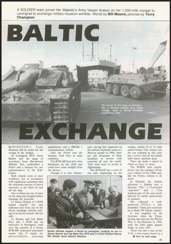 FWD_Publishing's tweet photo. In 1990 the UK exhanged a Ferret, Saracen, Humber Pig, 25-pdr, and 5.5" gun swapping them for a BTR-60P, a WW2 German Stug, a BRDM, and a Soviet T-26 amongst other things. Pictured here at the docks in St.Petersburg. https://t.co/b6fI9dxFoy https://t.co/c21wWRJYva