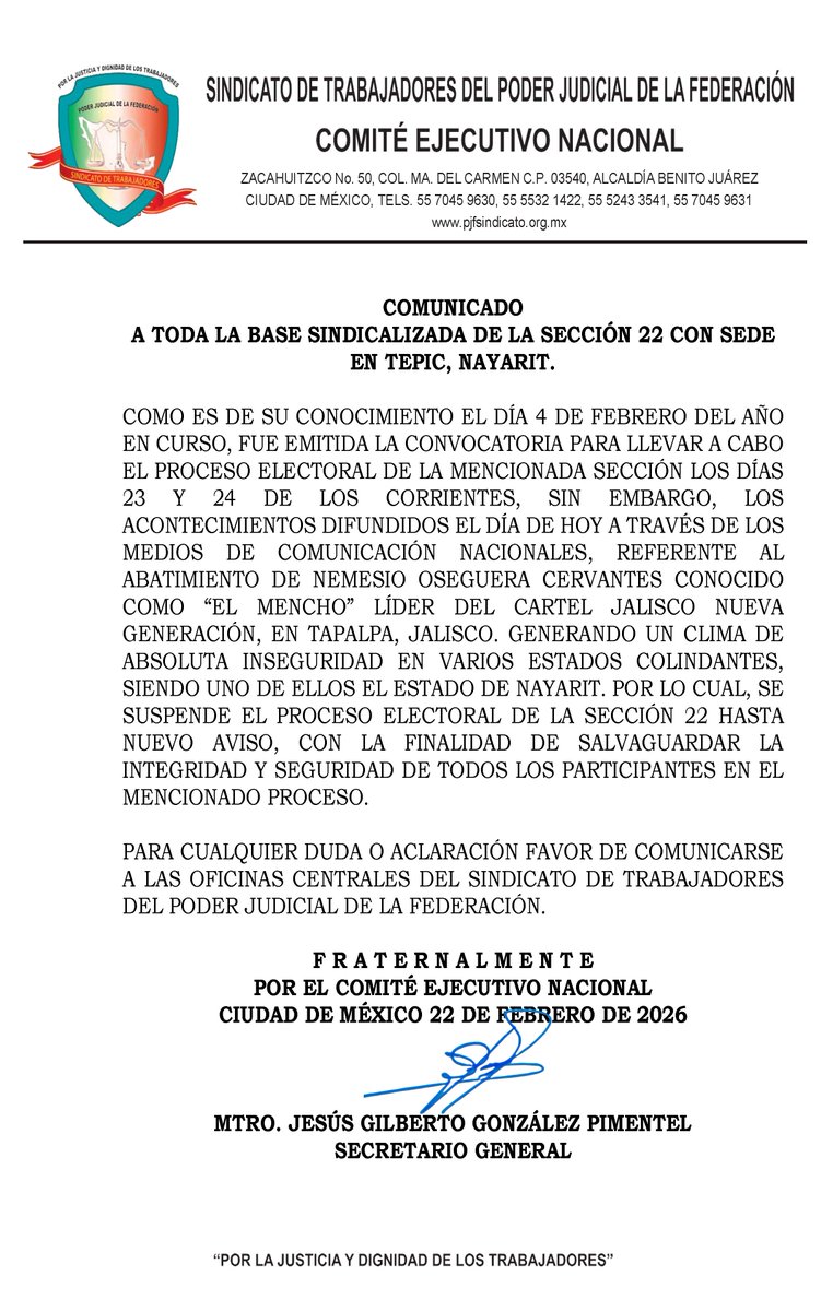 PJFsindicatomx's tweet photo. 📢 🔴 COMUNICADO URGENTE – SECCIÓN 22 TEPIC

Derivado de los mismos acontecimientos y el clima de inseguridad en estados colindantes, incluyendo el estado de Nayarit:

🛑 Se suspende el proceso electoral de la Sección 22 con sede en Tepic, Nayarit, hasta nuevo aviso. https://t.co/39HsLPkIxK