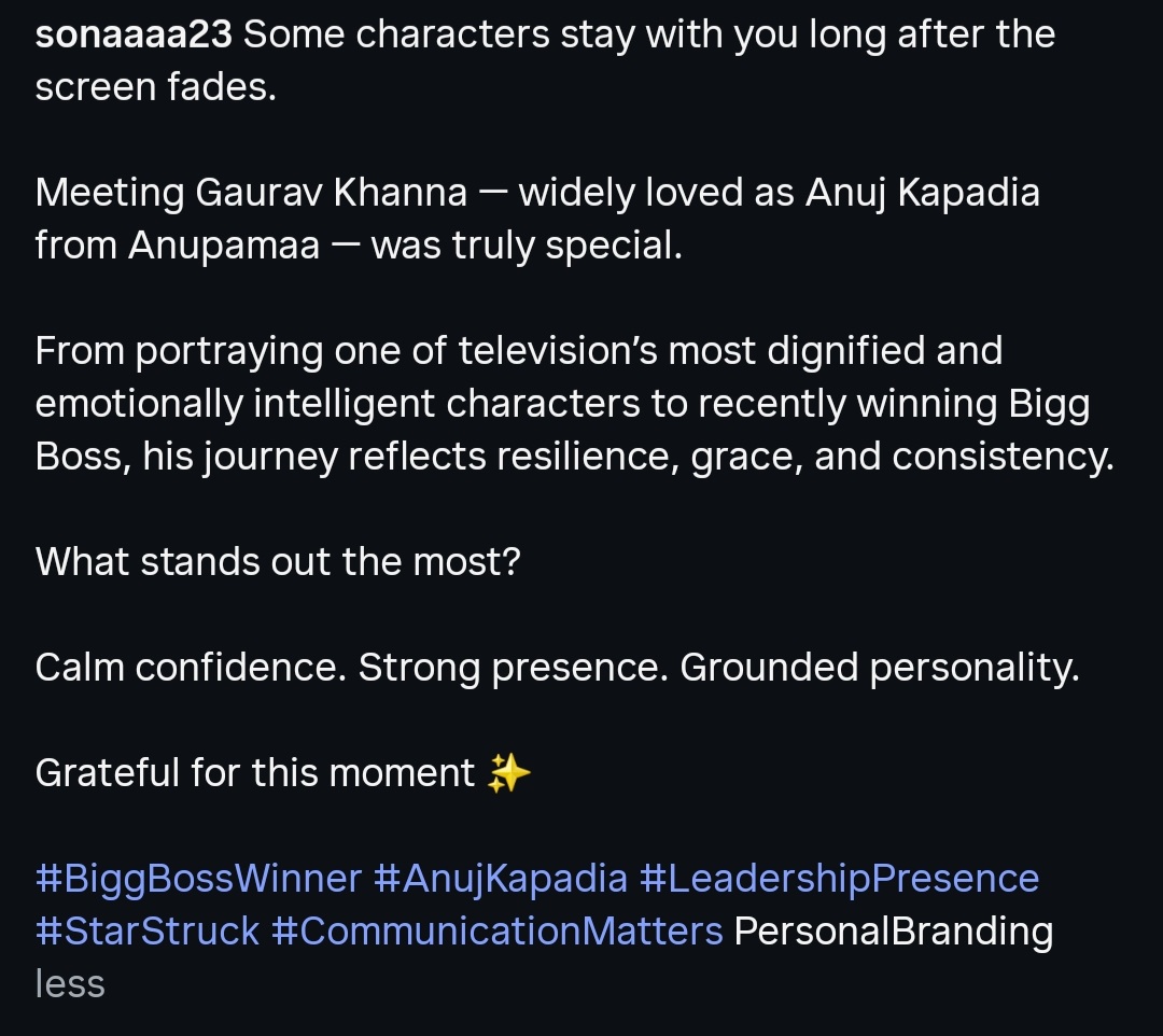 The people who meet GK always have the warmest things to say… and that’s how you know you stan the best soul 🫶✨

instagram.com/p/DVEbp43kuWQ/…

#GauravKhanna #GauravKhanna𓃵
#KhannaKaKhaandaan