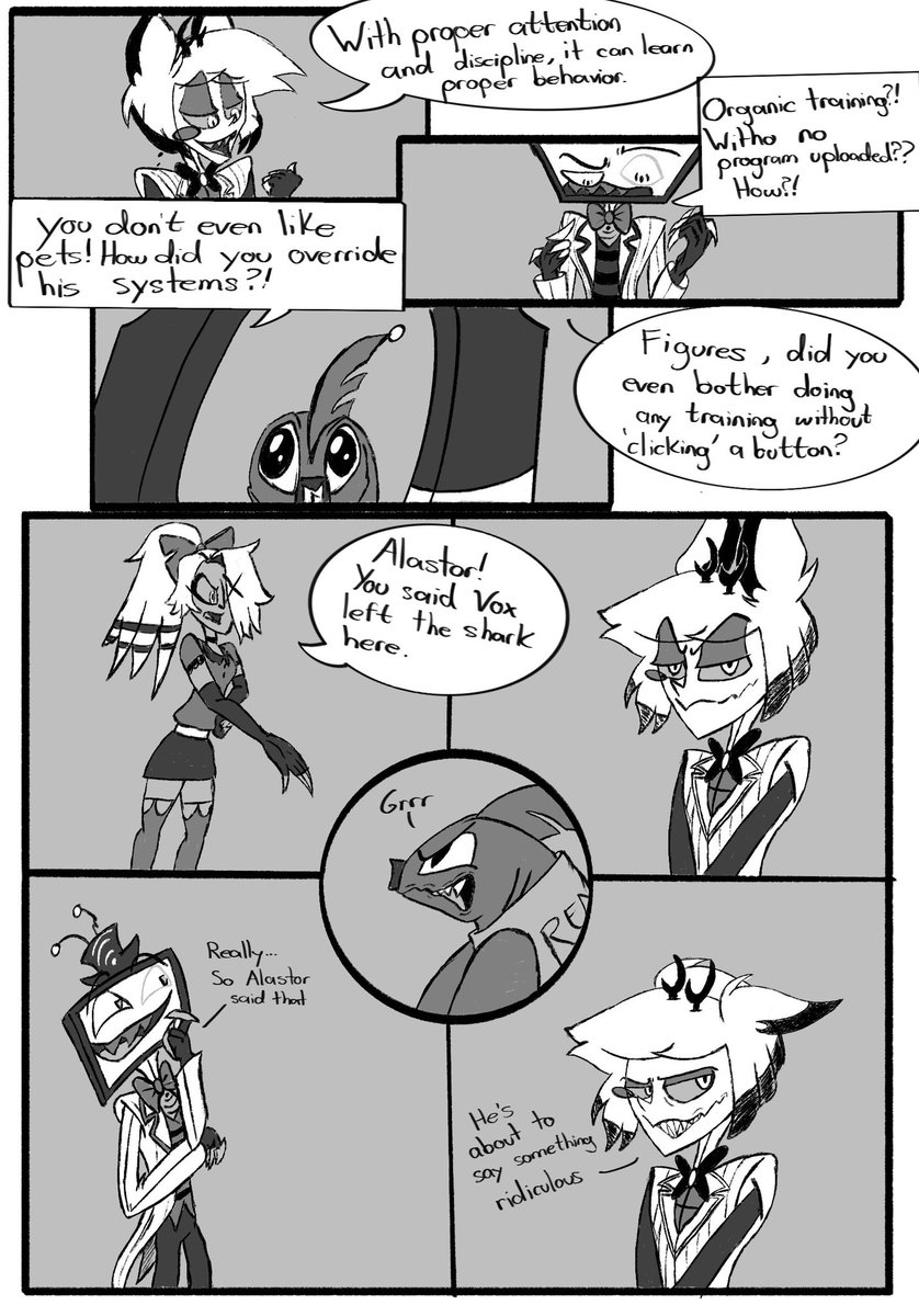 HellasLost's tweet photo. P. 14-17 Vox might be upset for now, but he’s circling around the deer for something … #HazbinHotel #HazbinHotelAlastor #HazbinHotelVox #RadioStatic #voxal https://t.co/K6o2uxm2hb