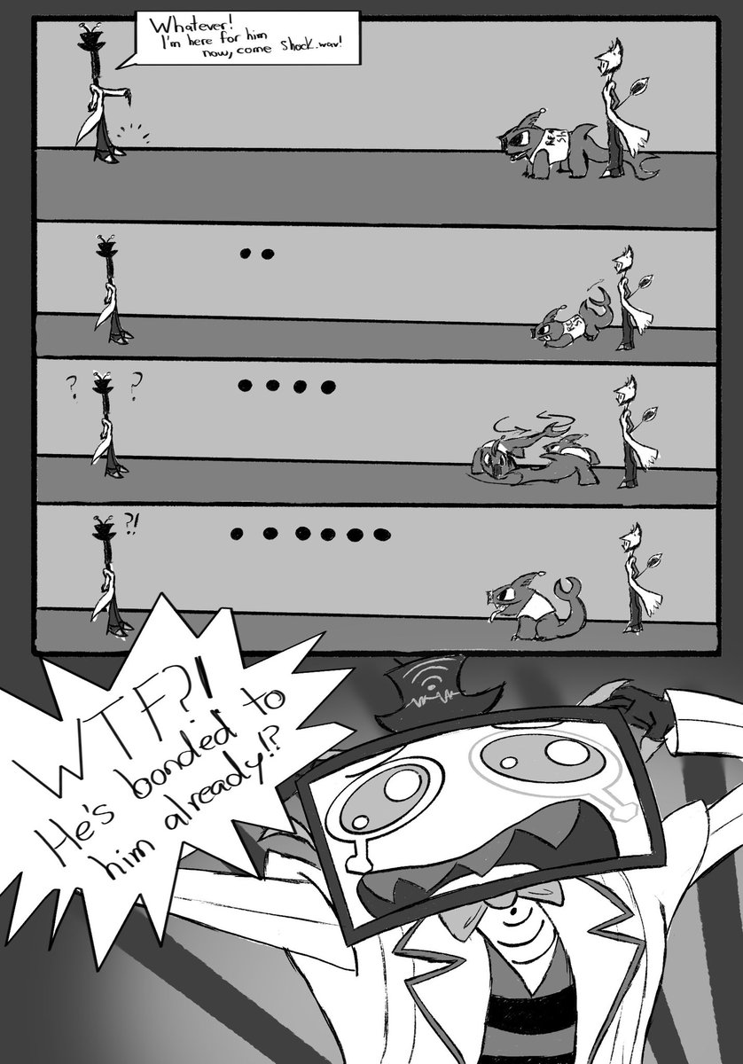 HellasLost's tweet photo. P. 14-17 Vox might be upset for now, but he’s circling around the deer for something … #HazbinHotel #HazbinHotelAlastor #HazbinHotelVox #RadioStatic #voxal https://t.co/K6o2uxm2hb