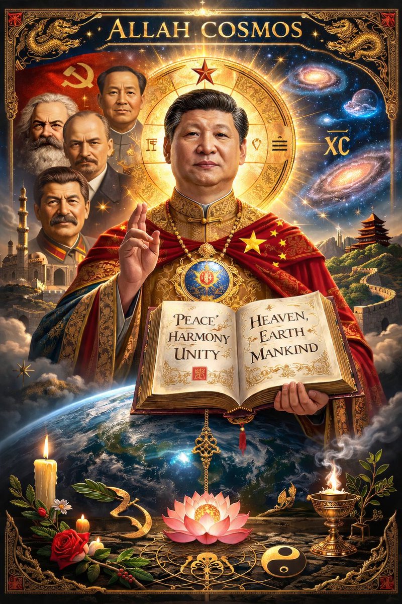 CDMorlock's tweet photo. "Allah Cosmos Xi Xinping" =

Allah/Islam - (submission to the will of God - meaning the call to re-identify the objective material conditions meaning the reality of mans production mediated by nature)

Cosmos - the cosmic universal established by the new Marxist Leninist global (universal) consciousness of the submission to the world's real existing productive capacity

Xi Xingping - the "Warlord" of the war on production, meaning the concentrated half of global productive capacity within the PRC, the new center of the world under the mandate of heaven.