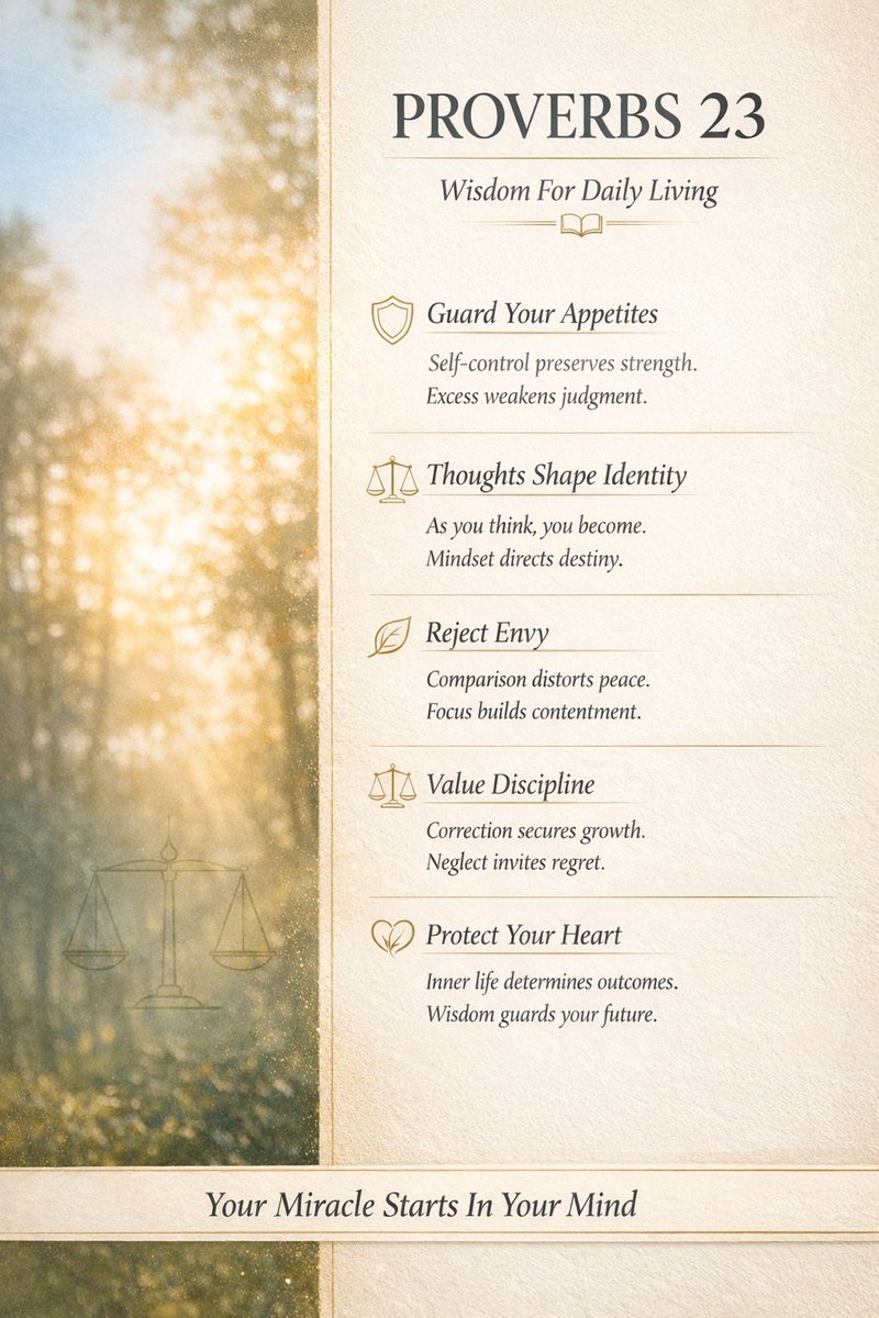 GarronT's tweet photo. PROVERBS 23:

🛡️ Guard your appetites.
🧠 Guard your thoughts.
⚖️ Reject envy.
📖 Accept correction.
❤️ Protect your heart.

You become what you consistently think.
You lose peace when you compare.
You grow when you accept discipline.

Your inner life determines your outer results.