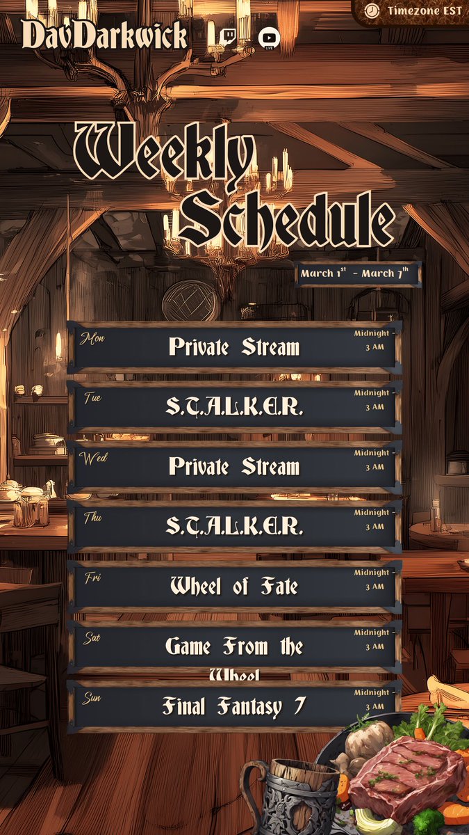 DavDarkwick's tweet photo. Schedule for the week, tonight is a private stream to work on emotes https://t.co/1DoSPkFLZH