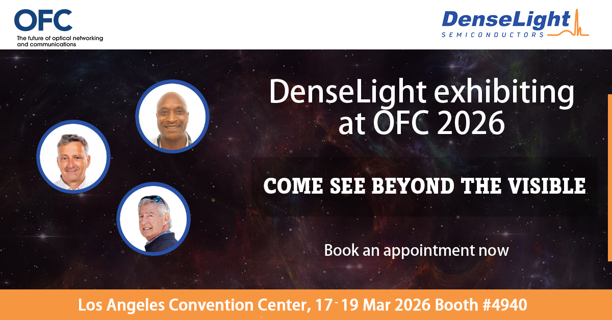 DenselightS's tweet photo. OFC 2026 #4940
Coherent Transport &amp; AI Datacenter Light Sources

Visit us at OFC 2026 17 – 19 March 2026. Los Angeles Convention Center, United States. 

To cover high-performance photonic engines designed for the rapid scaling of coherent networks and AI-driven datacenters. https://t.co/v6TcazvcD1