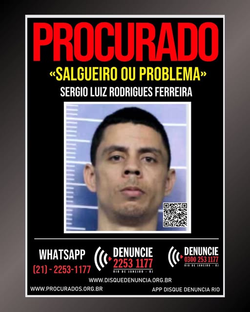 SERGIO LUIZ RODRIGUES FERREIRA, vulgo "Salgueiro ou Problema", de 36 anos, estava em Visita Periódica ao Lar (VPL), desde o dia 10 de outubro de 2025, e não retornou mais a sua unidade prisional. Ele está cadastrado no sistema carcerário como sendo de "Altissíma Periculosidade".