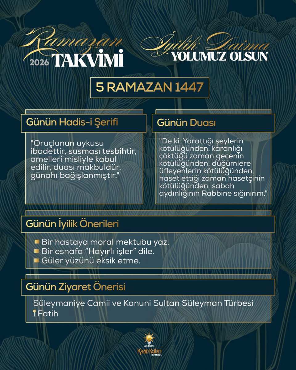 🌙 Ramazan’ın rahmetiyle yeni bir gün…

Günün İyilik Önerileri:
💌 Bir hastaya moral mektubu yaz.
🏪 Bir esnafa “Hayırlı işler” dile.
😊 Güler yüzünü eksik etme.

Bir güzel söz şifa olur, bir tebessüm kardeşliğimizi büyütür.

💬 Siz de bugün yaptığınız iyilikleri yorumlarda