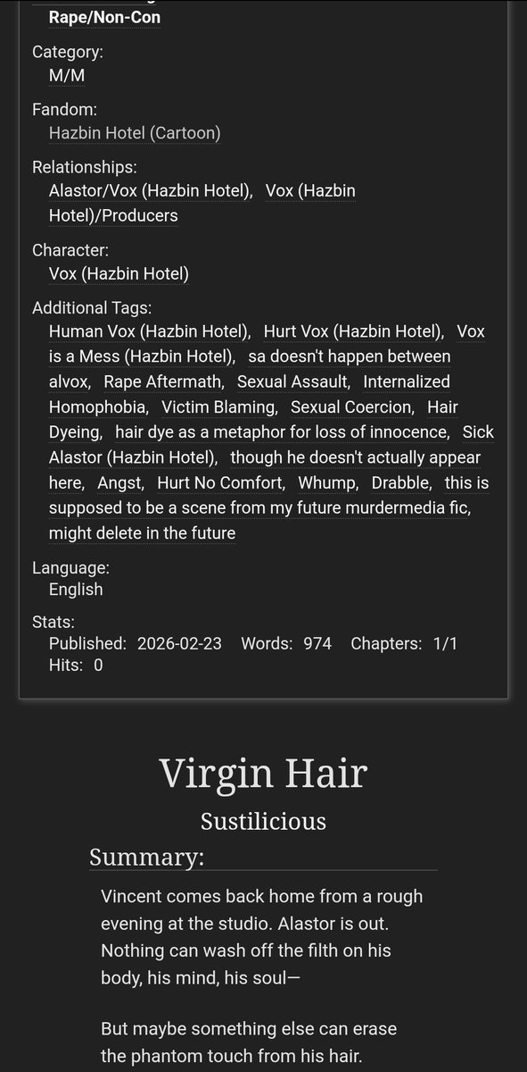 Sustilicious's tweet photo. — Virgin Hair —
A drabble based off of the theory that the producers exploited Vincent. How does he cope in the aftermath?
https://t.co/Eu7qcajZfN
// #staticproducers #vox #vincentwhittman #HazbinHotel #alvox #murdermedia #RadioStatic https://t.co/YYX3vwLyYX