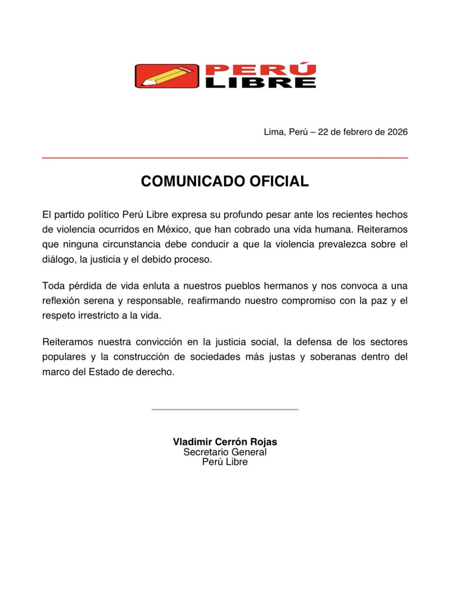 De locos el Comunicado de Perú Libre sobre el asesinato de El Mencho. Después dicen que no los terruqueen. Miserables.