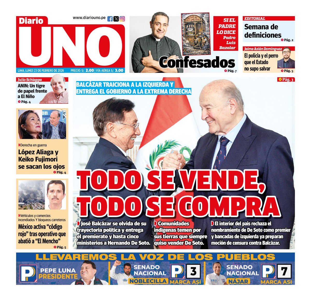 🗞️ Compartimos con ustedes la portada de Diario UNO del lunes 23 de febrero de 2026