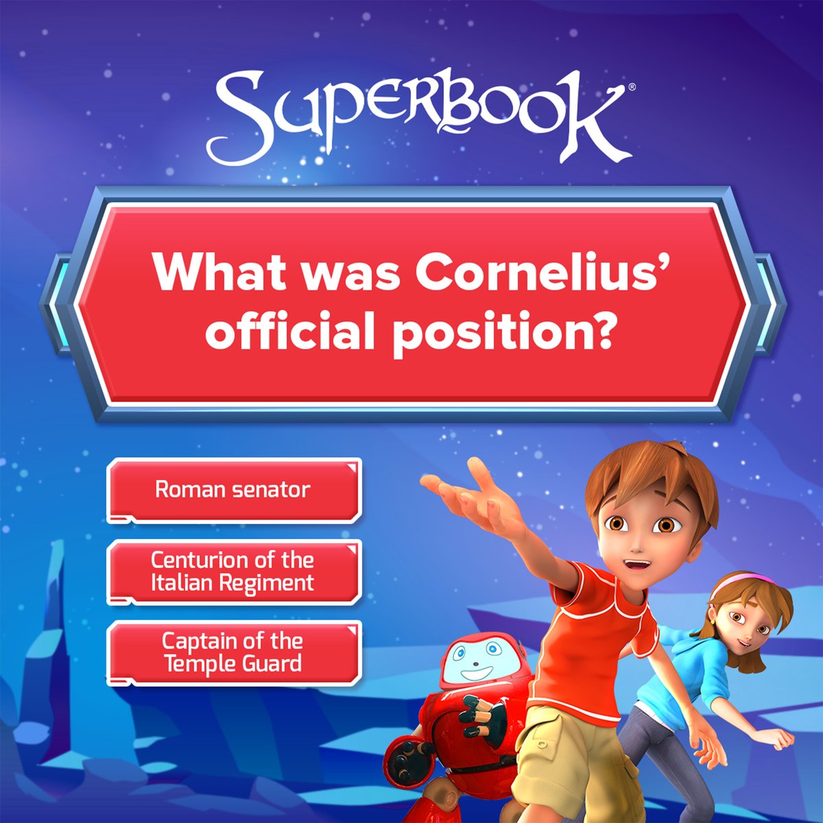 SuperbookTV's tweet photo. It's time to test your Bible knowledge! 📖💡🤔
Do you have what it takes to answer today's #MultipleChoiceGame? Show us your answers below! ⬇️
#BibleTrivia #DailyGames #GizmoGames #BibleGames
.
.
.
.
.
SUPERBOOK
Bringing Bible Stories and Jesus' love to kids everywhere
Series + App + Academy + Outreach