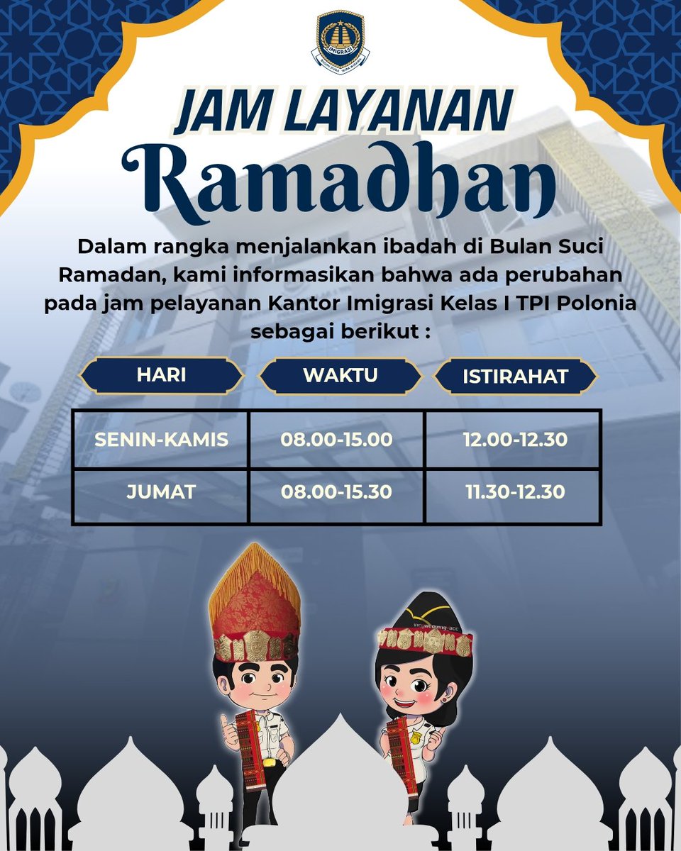 Halo Cian Polonia,
Masa iya mau Tempus aka Tembak Puasa alias mokel 🫣

Berikut kami informasikan jam layanan selama  bulan ramadan 1447 H / 2026 M pada Kantor Imigrasi Kelas I TPI Polonia.

#kemenimipas #guardandguide
#infoimipas #imigrasiindonesia
#kanwilditjenimsumut