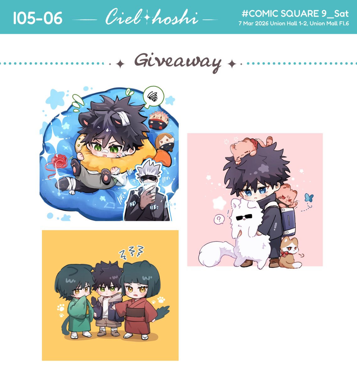 เจอกันได้ที่ CQ9 (วันเสาร์)  I05-06 ⋆˙⟡
มี giveaway เป็นมินิโปสการ์ด 8*8 cm แวะมารับกันได้นะ💌

7 March (Sat)
Union Mall Fl.6 (Hall 2)

#CQ9