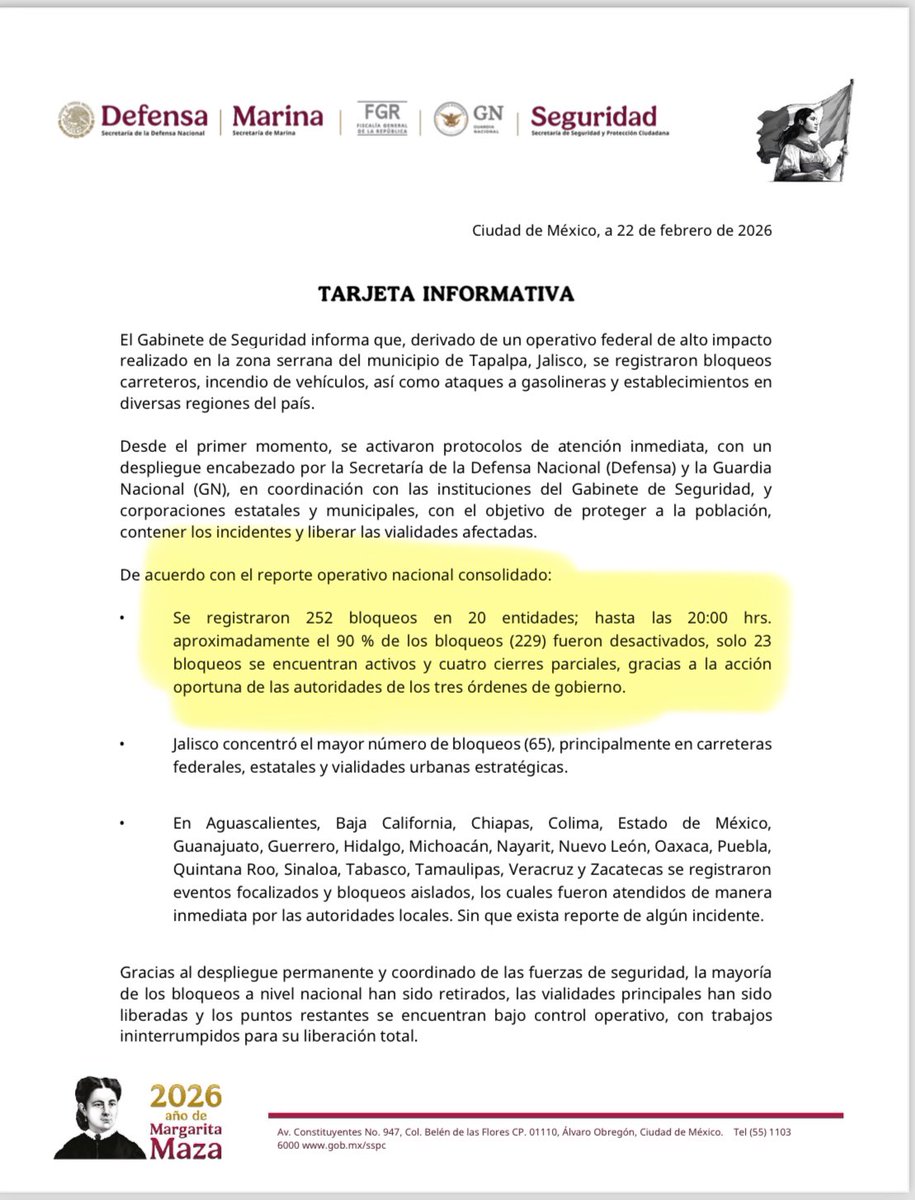 El <a href="/GabSeguridadMX/">Gabinete de Seguridad de México</a> esboza el mapa de control del CJNG en el país:

252 bloqueos en 20 estados.