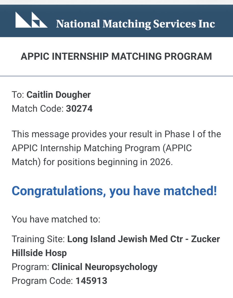 CaitlinDoug's tweet photo. I matched! Really excited to continue my training starting this July at LIJ/ZHH!! #APPIC https://t.co/heISbxIOKu