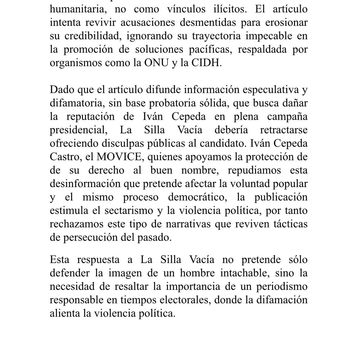 La difamación contra Iván Cepeda Castro no es periodismo es violencia electoral. 

Luis Guillermo Pérez Casas
22 de febrero de 2026.

La Silla Vacía busca establecer una supuesta relación entre el candidato presidencial Iván Cepeda Castro y las FARC, con el evidente propósito de