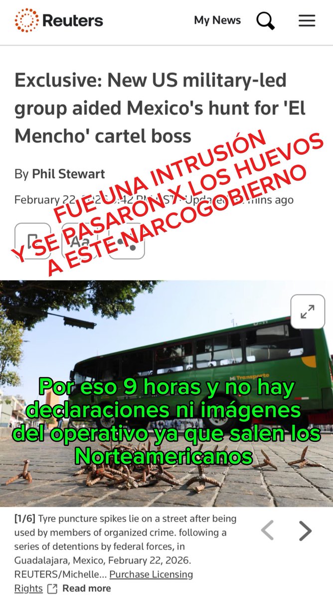 YA SALIÓ EL PEINE DE PORQUE EL NARCOGOBIERNO NO HA DICHO NADA DEL OPERATIVO VS EL MENCHO

<a href="/Reuters/">Reuters</a> acaba de subir información diciendo que;

Hoy en la madrugada un grupo LIDERADO POR MILITARES DE EEUU; realizó el operativo va el jefe del CJNG 'El Mencho' en México

Por eso NO HAY