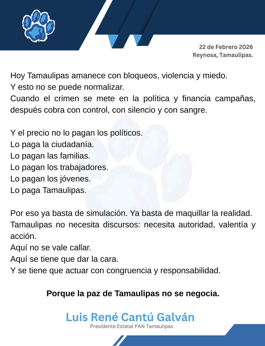 🔵 Comunicado 🔵
Ante los recientes hechos de violencia sucedidos en nuestro Estado.

#LuisCantúMx #Tamaulipas
#AcciónNacional