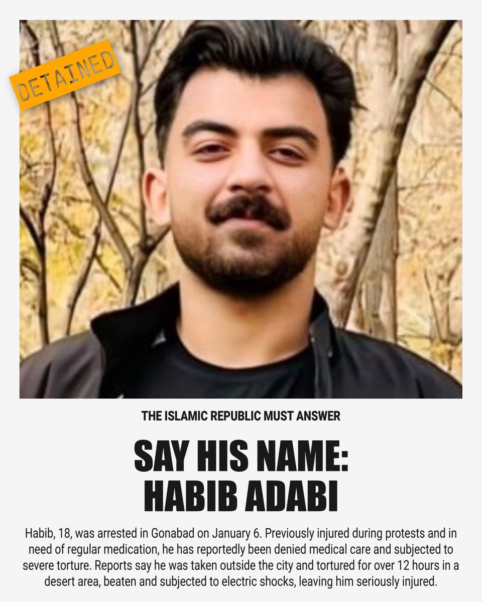 saarmot's tweet image. ⚠️حبیب ۱۸ ساله زیر شکنجه شدید⚠️

18-year-old Habib Adabi was arrested in Gonabad on January 6. Previously injured during protests and requiring regular medication, he has reportedly been denied medical care.  

Reports indicate he was taken outside the city and tortured for over