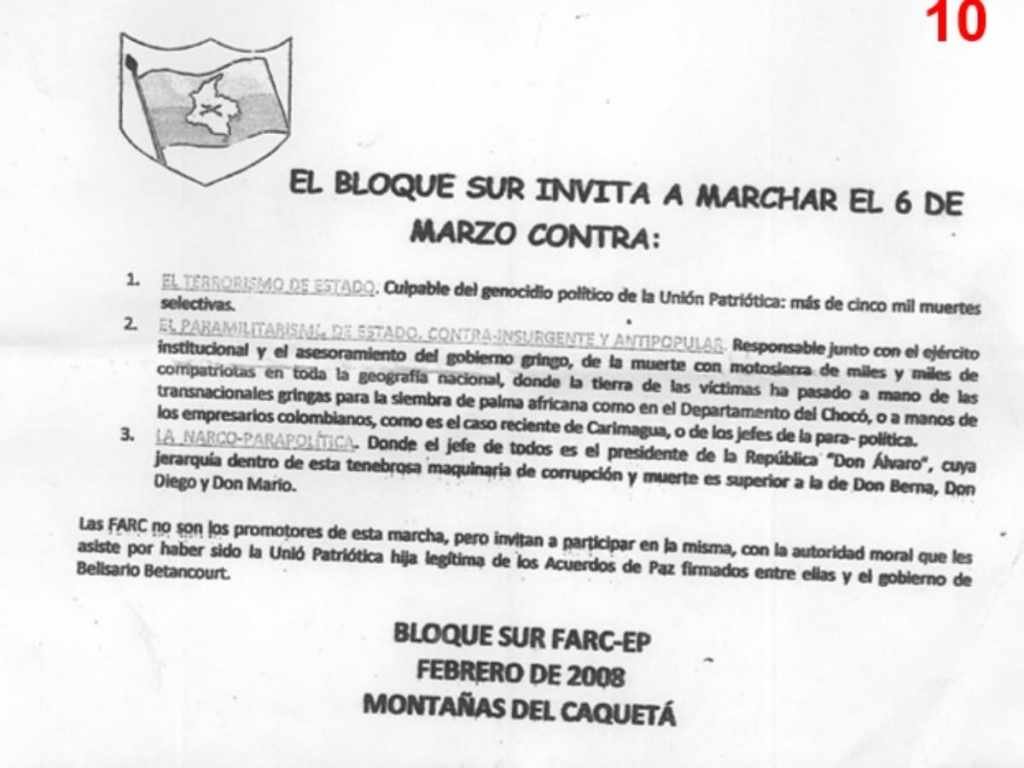 AyalaCarlOzarco's tweet image. Que los muchachos petristas se sigan molestando: este panfleto de las Farc hallado en el computador de Raúl Reyes invitando a participar en la movilización organizada por Cepeda en el 2008. 

Y se emberracan porque se les recuerda que @IvanCepedaCast es el jefe de los