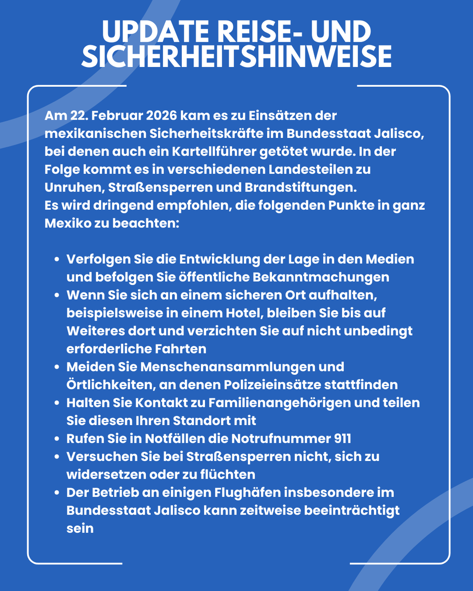 📢 Bitte  beachten Sie unsere aktualisierten Reise- und Sicherheitshinweise 📢
🔗  Link: mexiko.diplo.de/mx-de/willkomm…