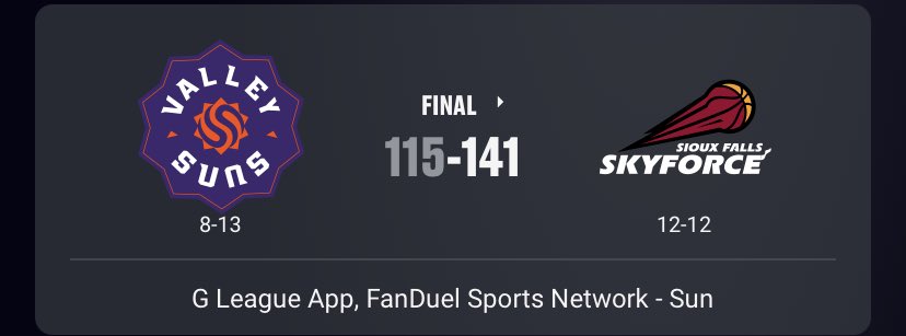 The game is over. ⁦<a href="/SFSkyforce/">Sioux Falls Skyforce</a>⁩ ⁦<a href="/GLeagueSuns/">Valley Suns</a>⁩