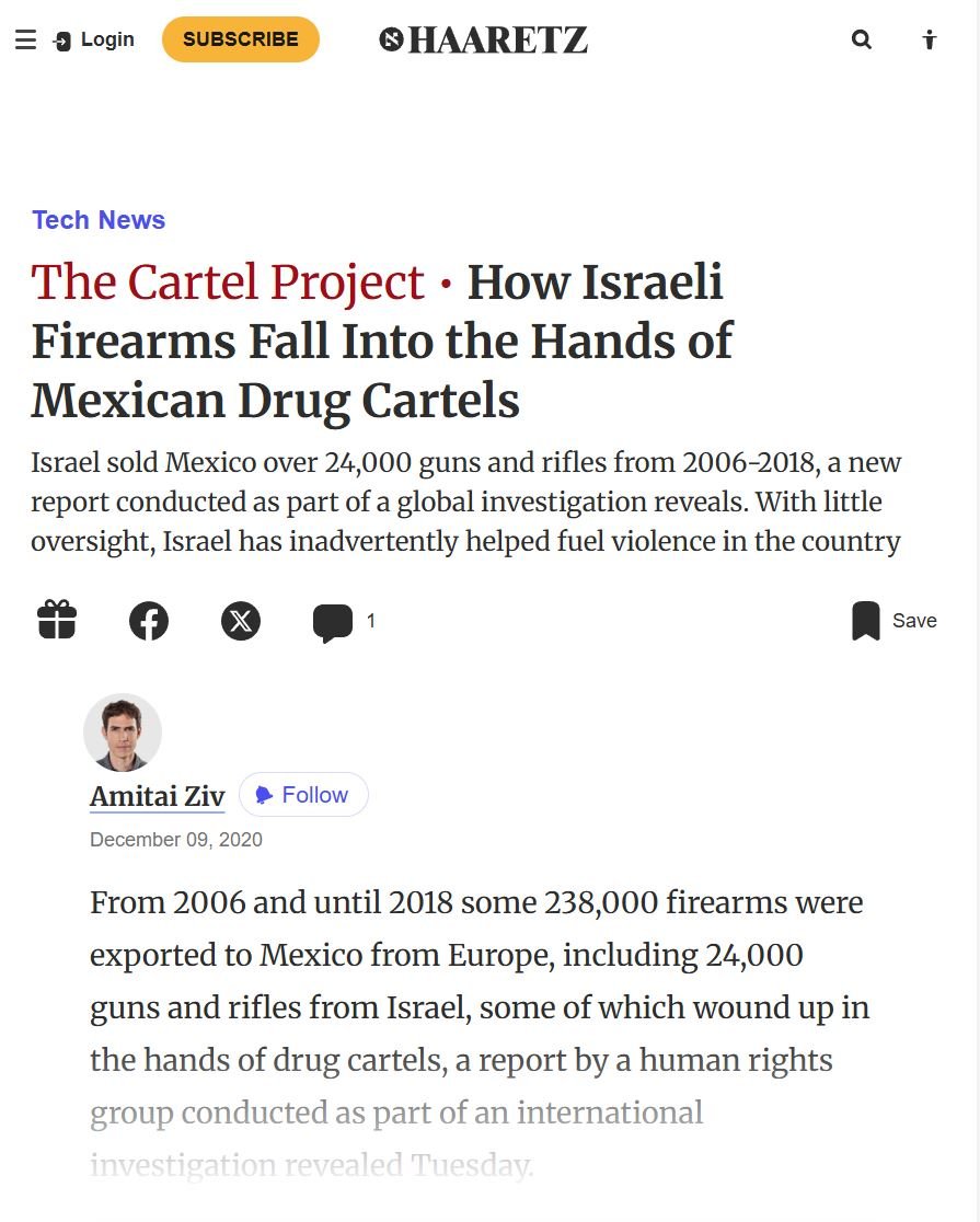 Eng_china5's tweet image. Report: Israel sold over 24,000 weapons to Mexico, but the arms ended up in the hands of drug cartels.

Israel - unintentionally - contributed to fueling violence in Mexico.