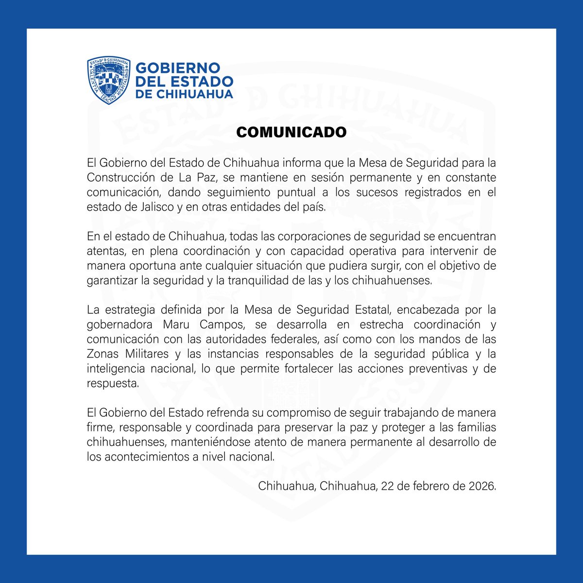 Información importante

El Gobierno del Estado mantiene activa, en sesión permanente, la Mesa de Seguridad para la Construcción de la Paz, con seguimiento puntual a los acontecimientos recientes a nivel nacional.

En Chihuahua, las corporaciones de seguridad se encuentran atentas